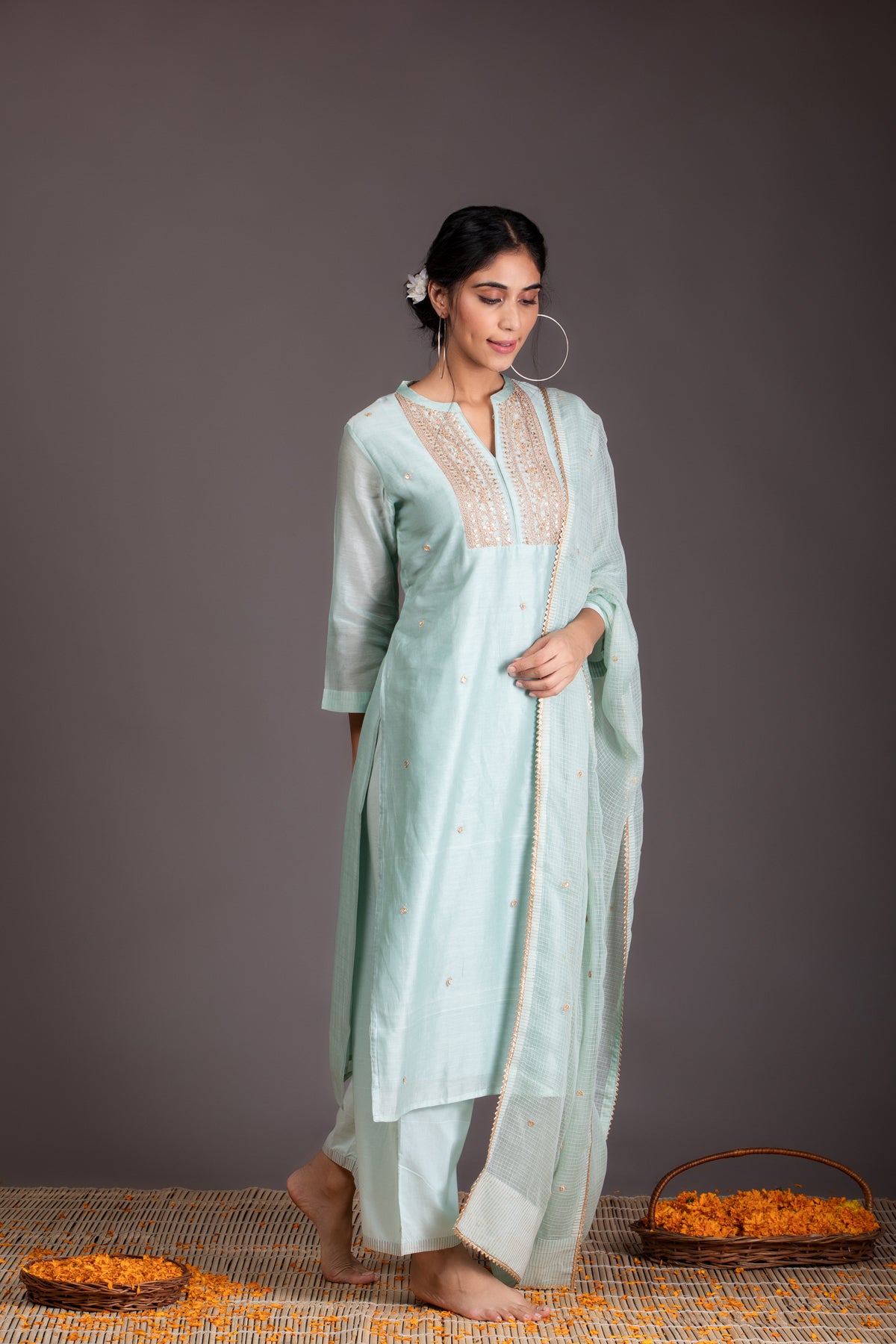 Freesia Marori work Mint Green Chanderi Suit Set