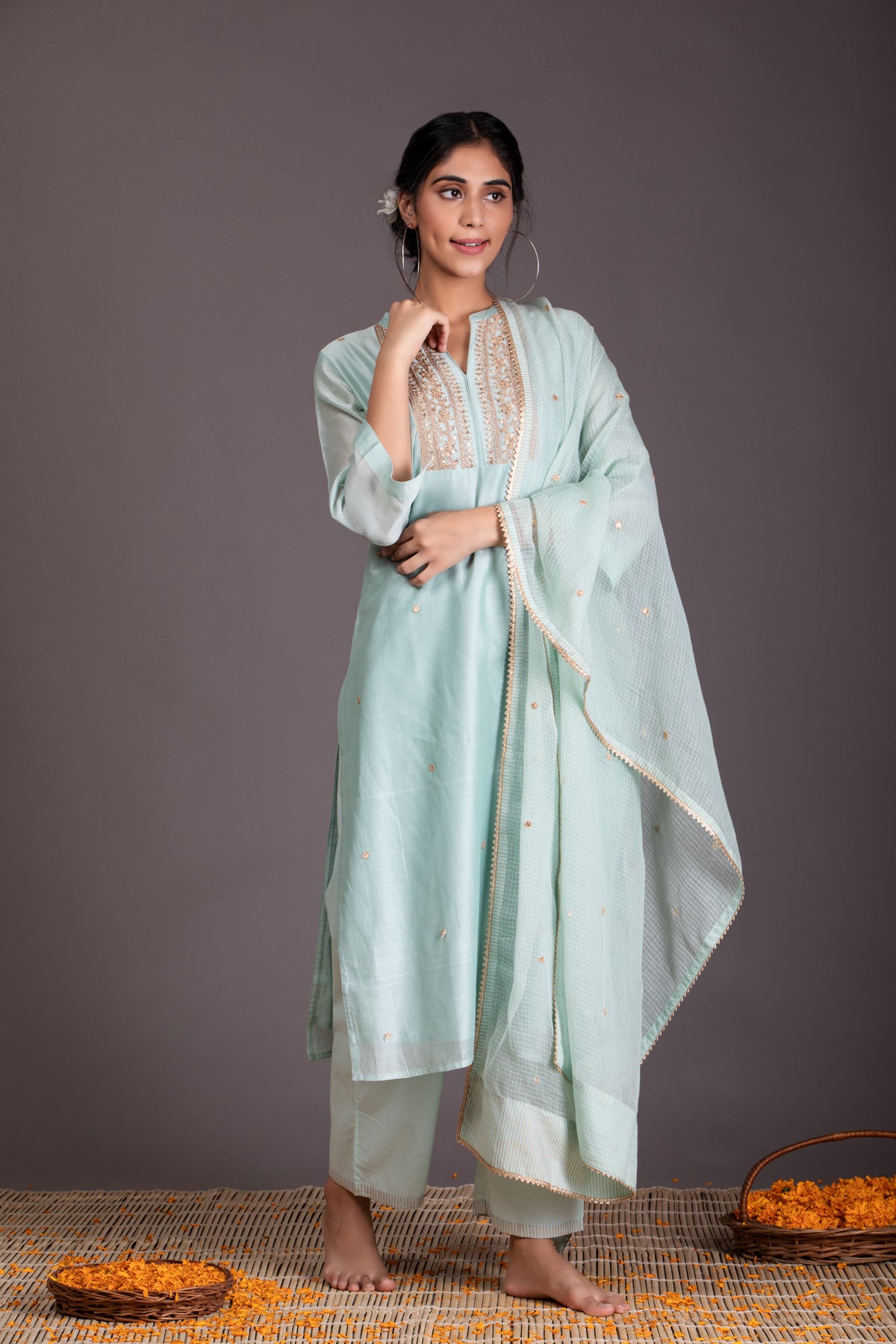 Freesia Marori work Mint Green Chanderi Suit Set