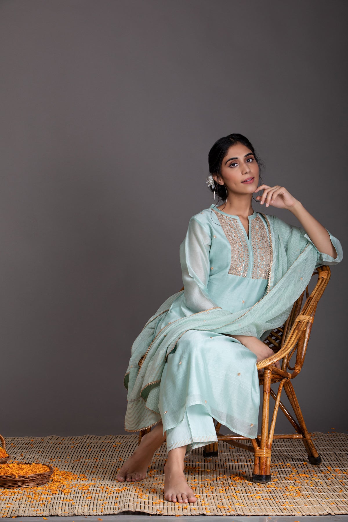 Freesia Marori work Mint Green Chanderi Suit Set