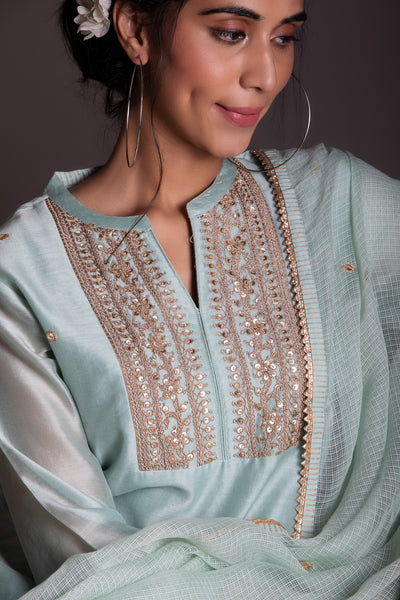 Freesia Marori work Mint Green Chanderi Suit Set