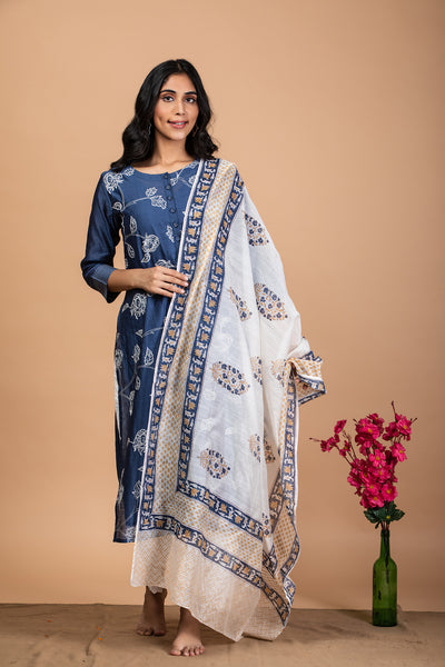 Floral Indigo Embroidered Chanderi Suit Set