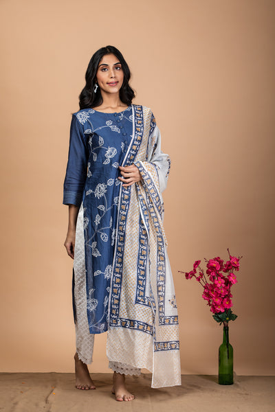 Floral Indigo Embroidered Chanderi Suit Set