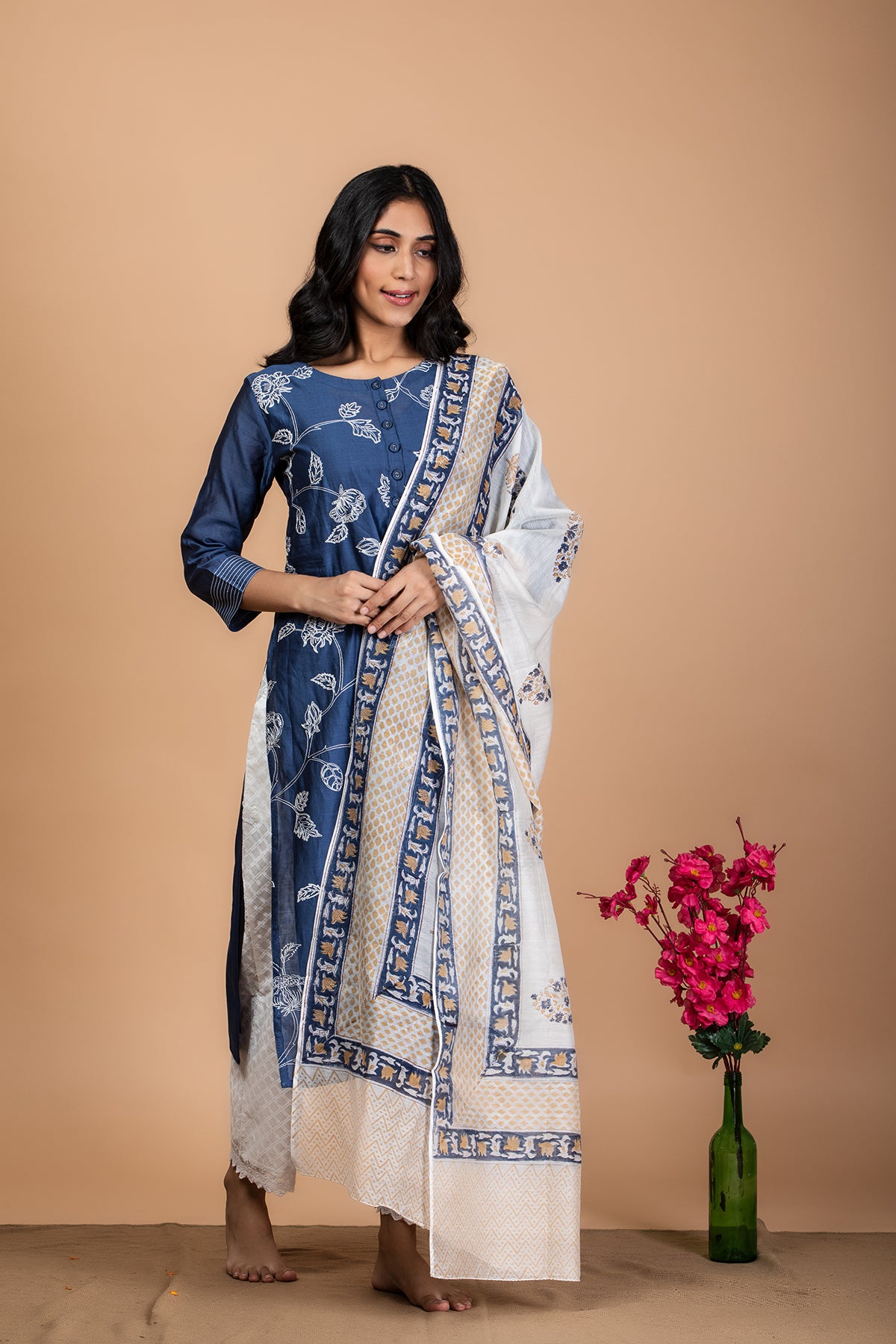 Floral Indigo Embroidered Chanderi Suit Set