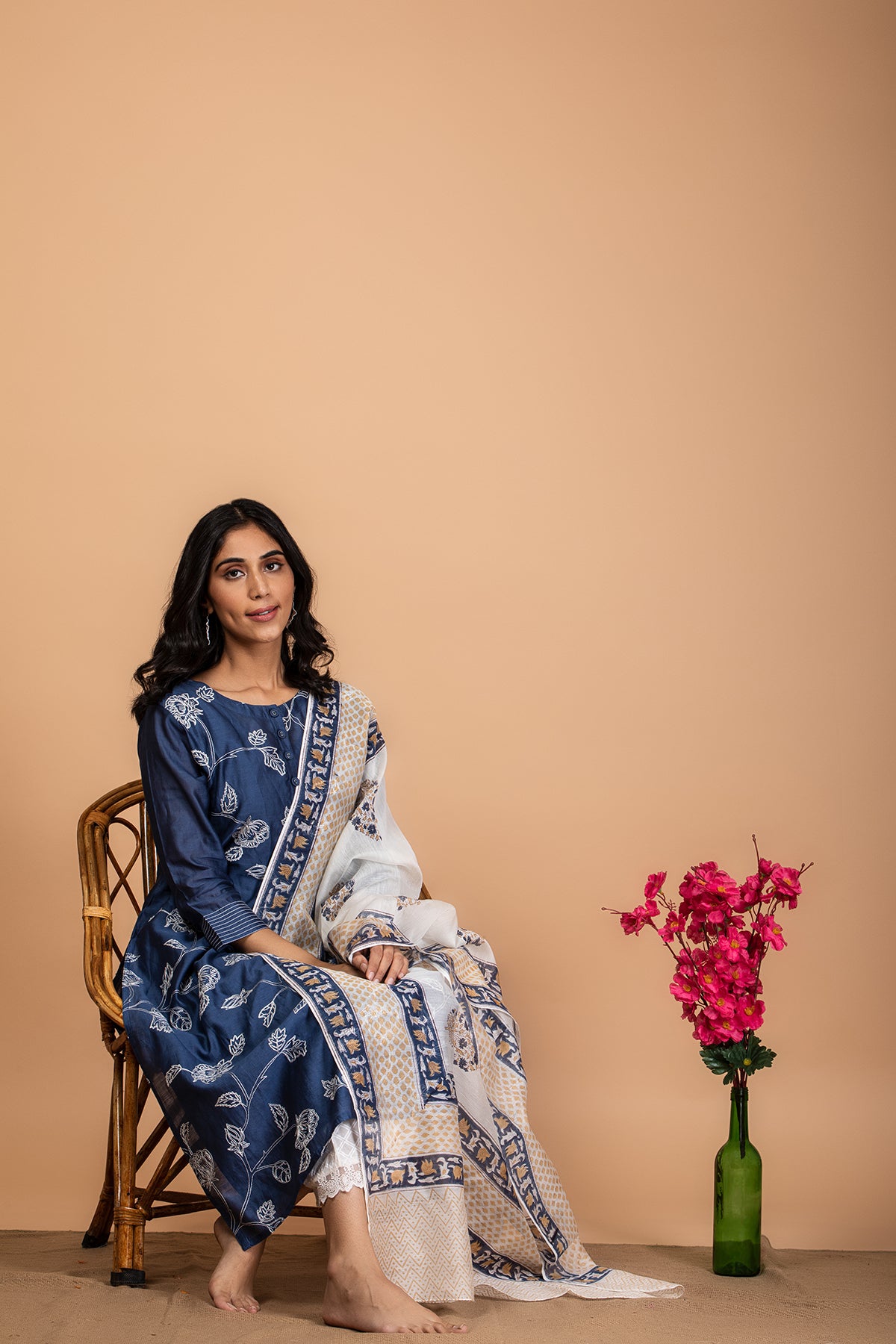 Floral Indigo Embroidered Chanderi Suit Set