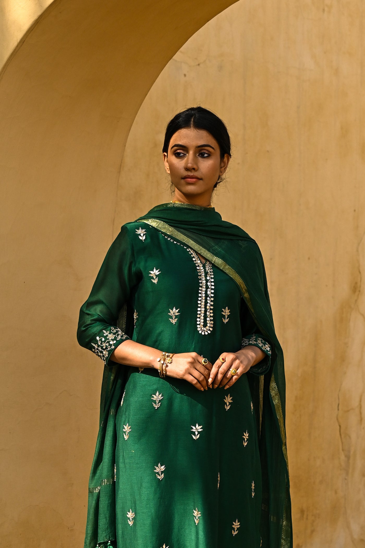 Green to Gold Gota Work Bottle Green Chanderi Suit Set