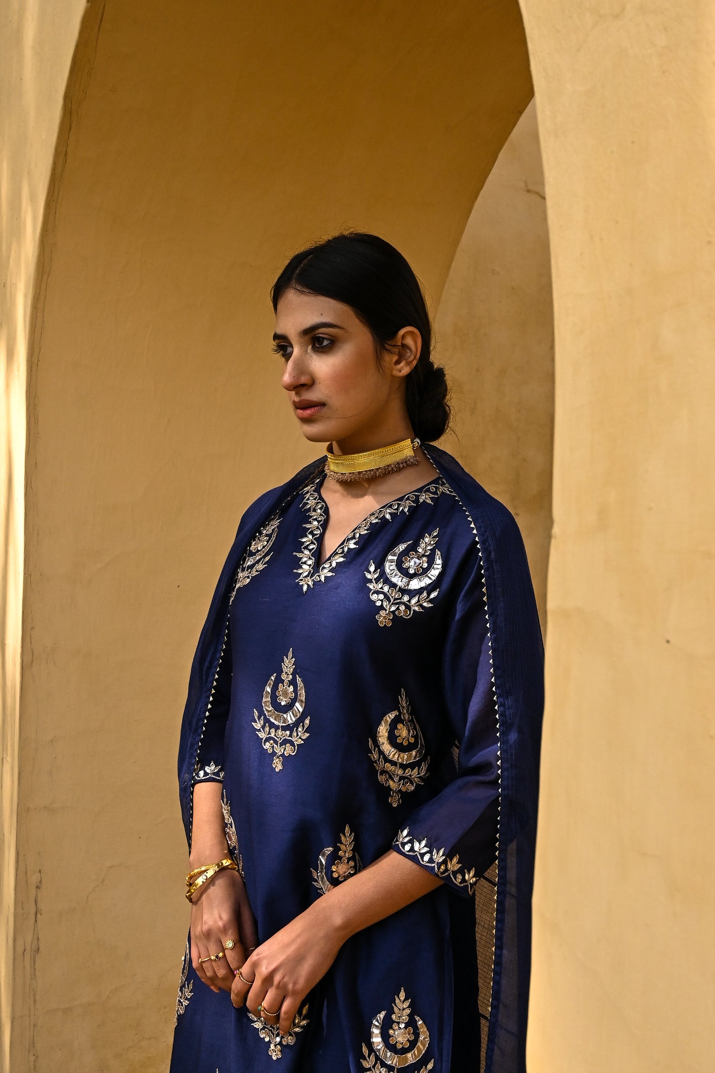 Navy Botanical Gota Work Chanderi Suit Set