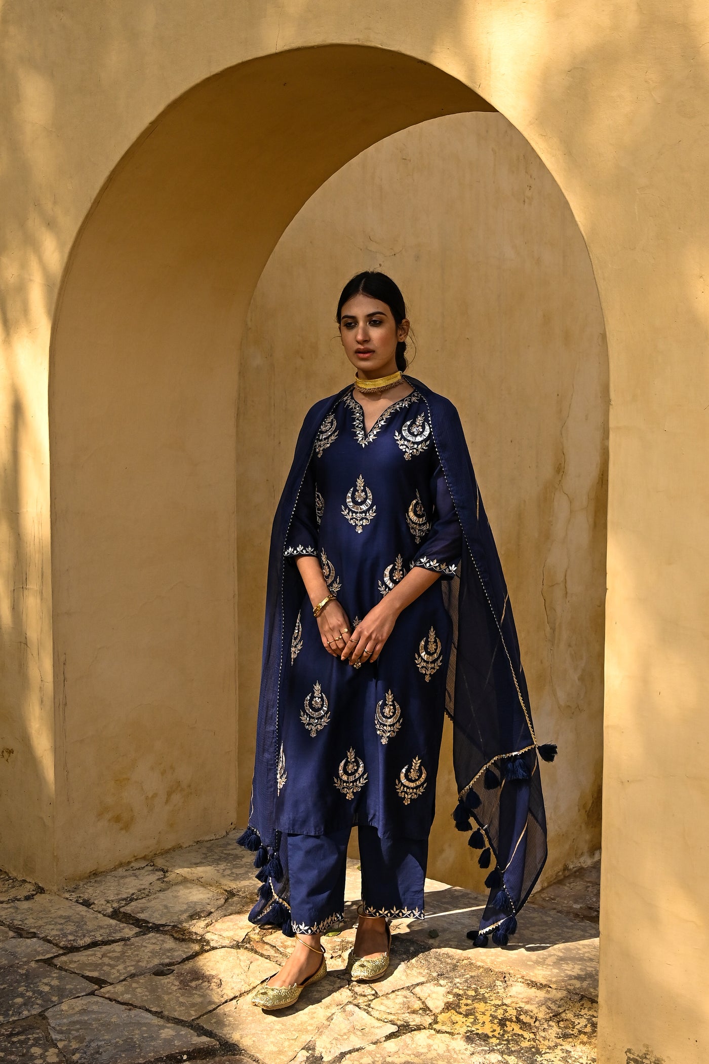 Navy Botanical Gota Work Chanderi Suit Set