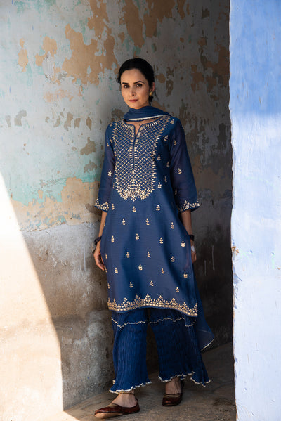 Poppy Cobalt Gota Work Blue Chanderi Suit Set