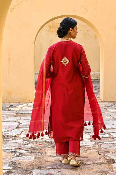 Bright Red Gota Work Chanderi Suit Set