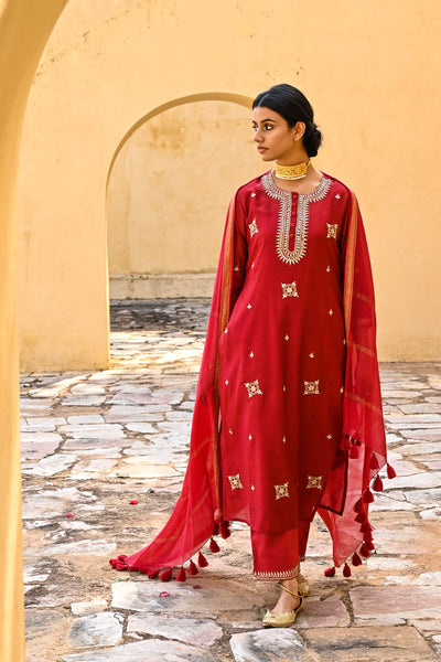 Bright Red Gota Work Chanderi Suit Set