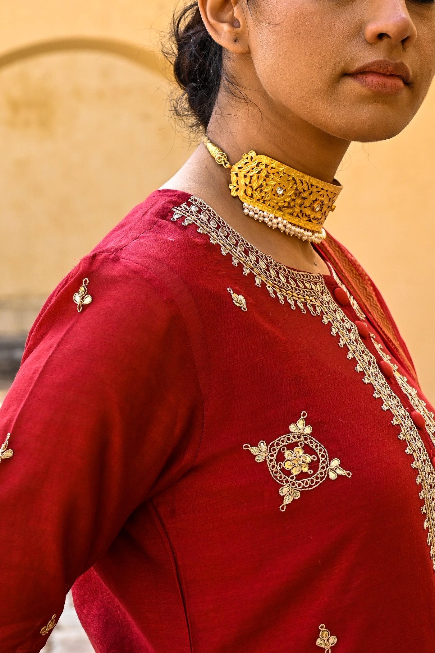 Bright Red Gota Work Chanderi Suit Set