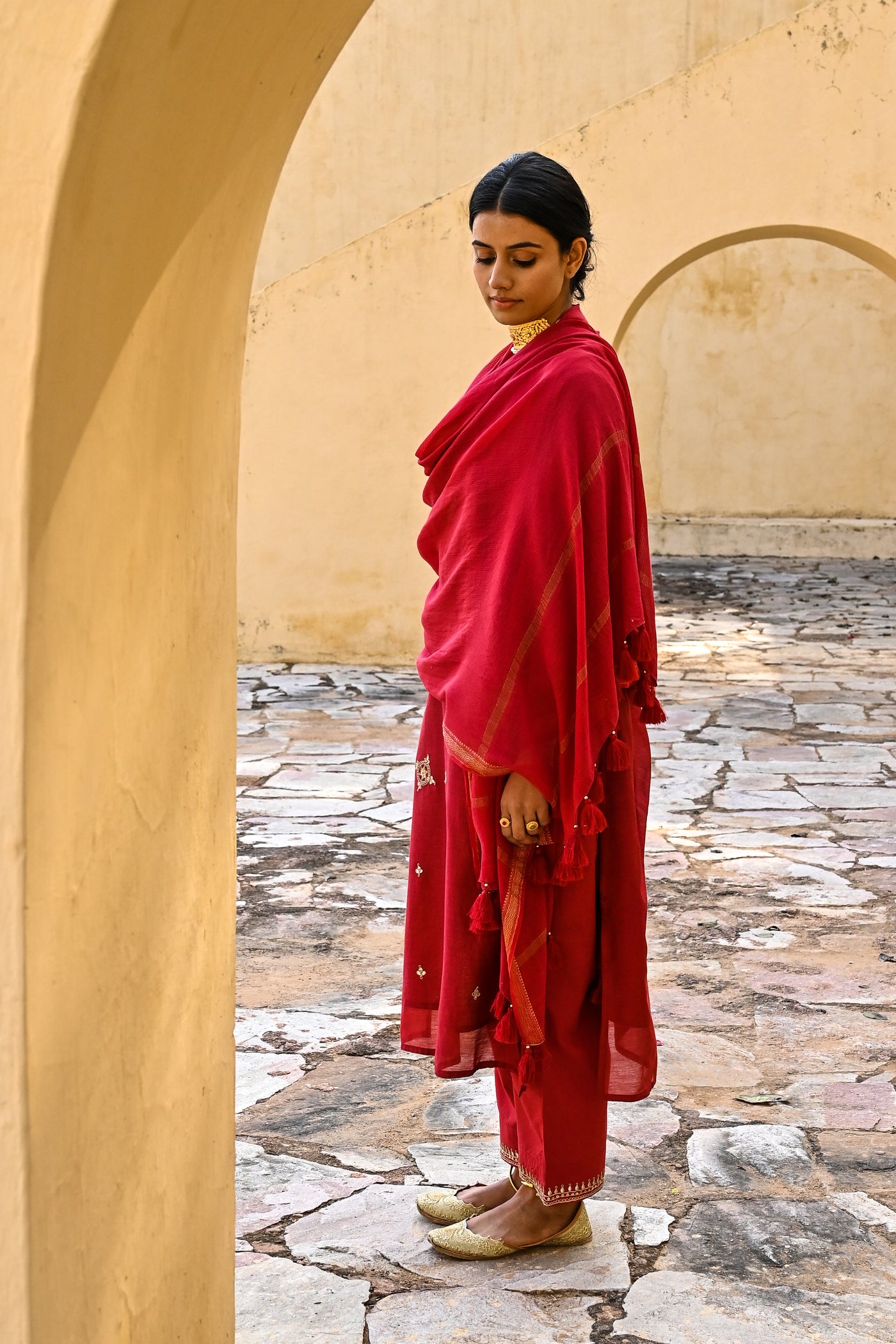 Bright Red Gota Work Chanderi Suit Set