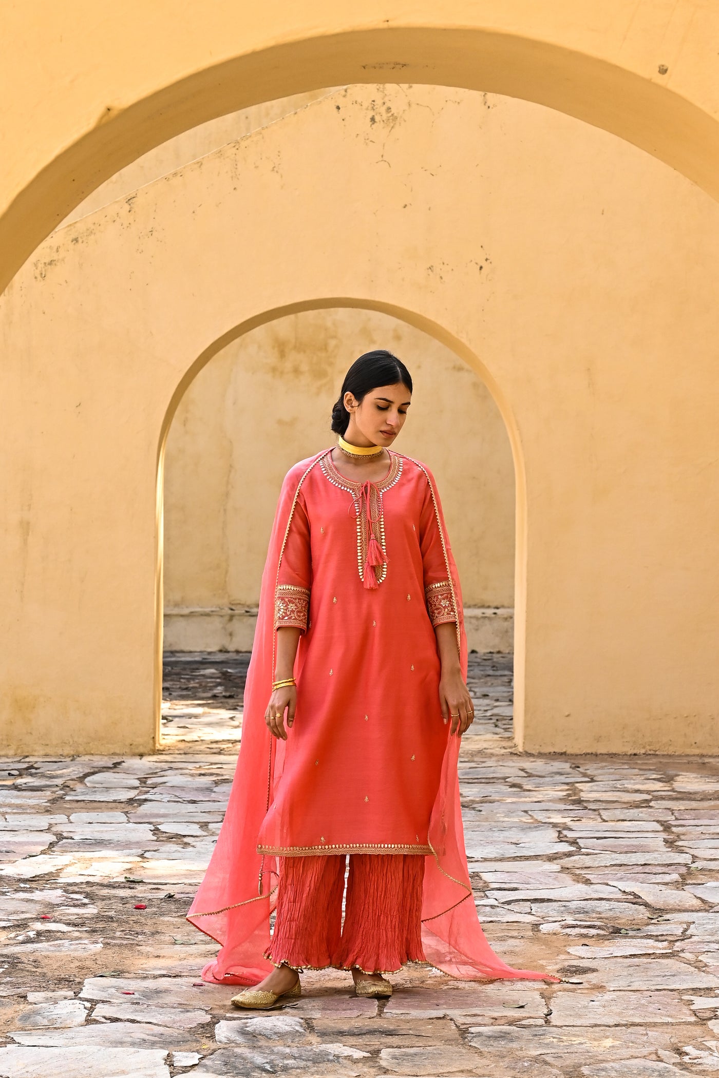 Spiffy Peach Marori Work Chanderi Suit Set