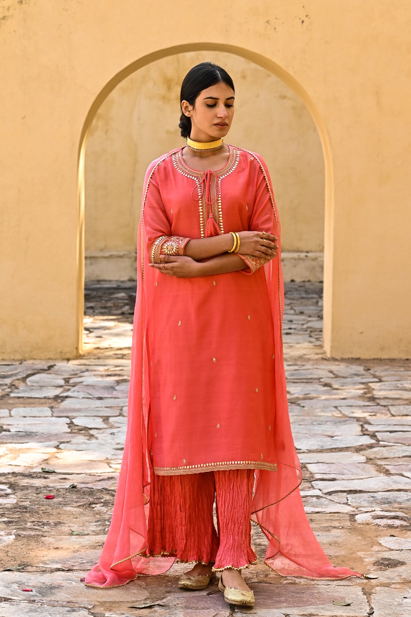 Spiffy Peach Marori Work Chanderi Suit Set