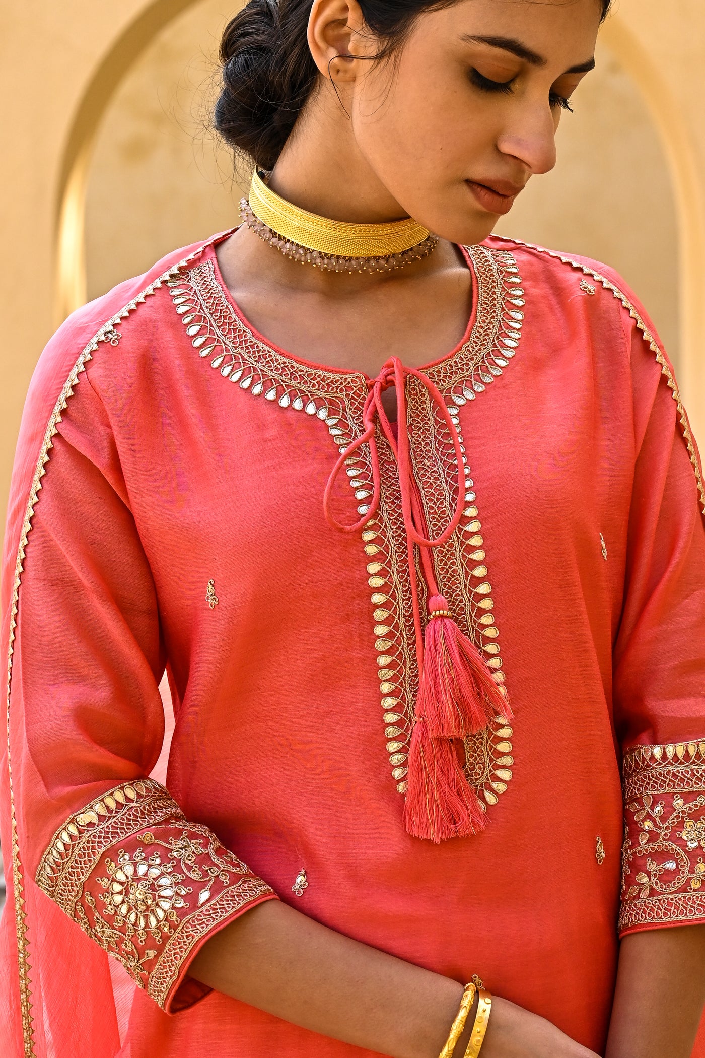 Spiffy Peach Marori Work Chanderi Suit Set