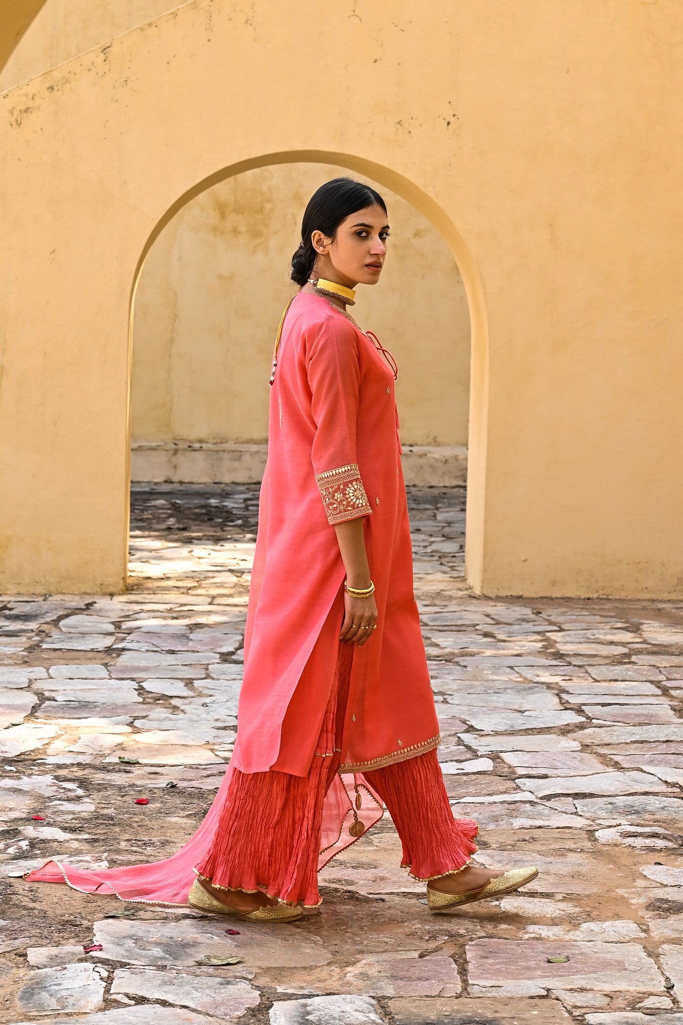 Spiffy Peach Marori Work Chanderi Suit Set