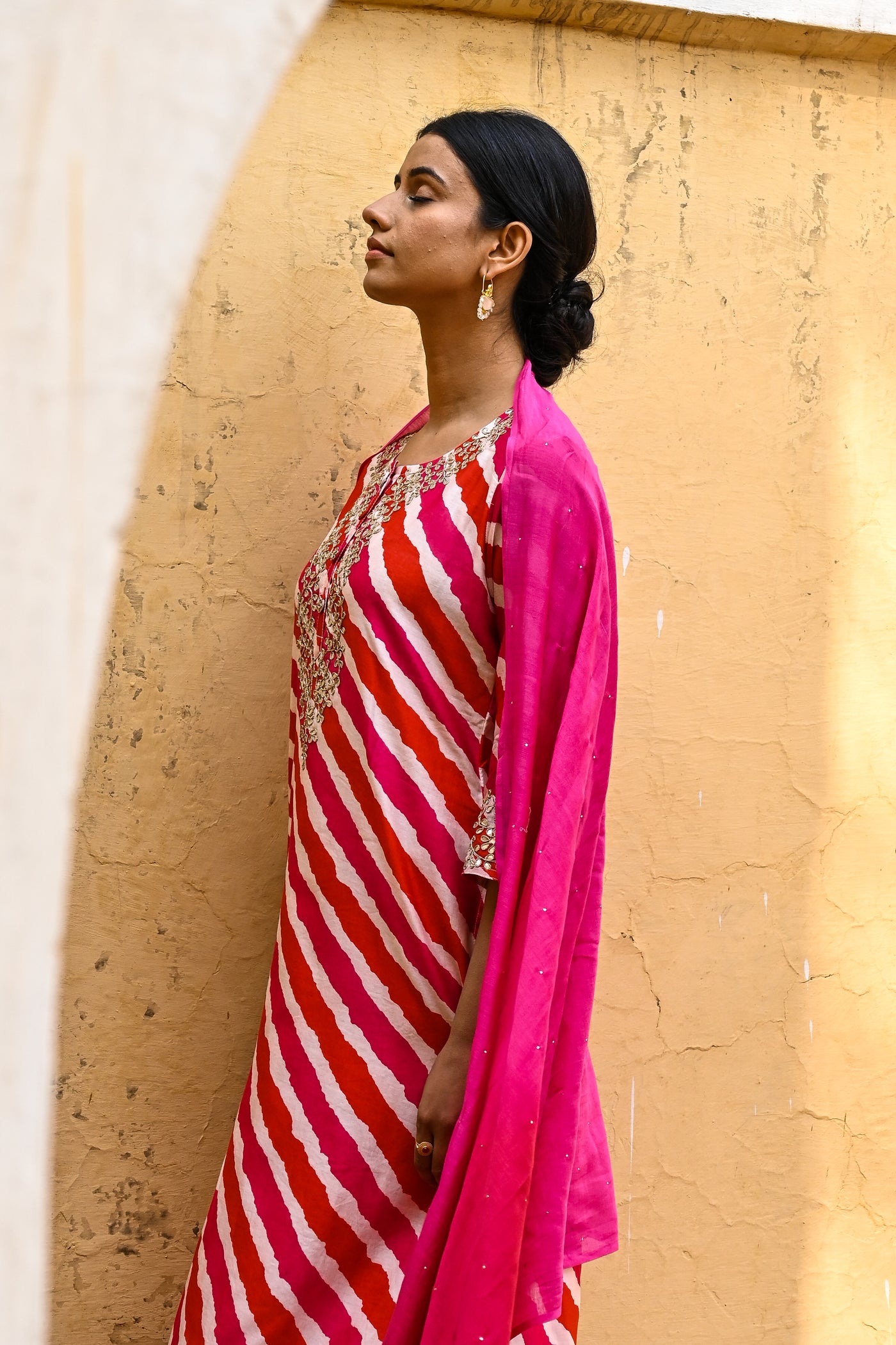 Butterfly Bush Pink Chanderi Gota Work Leheriya Suit Set