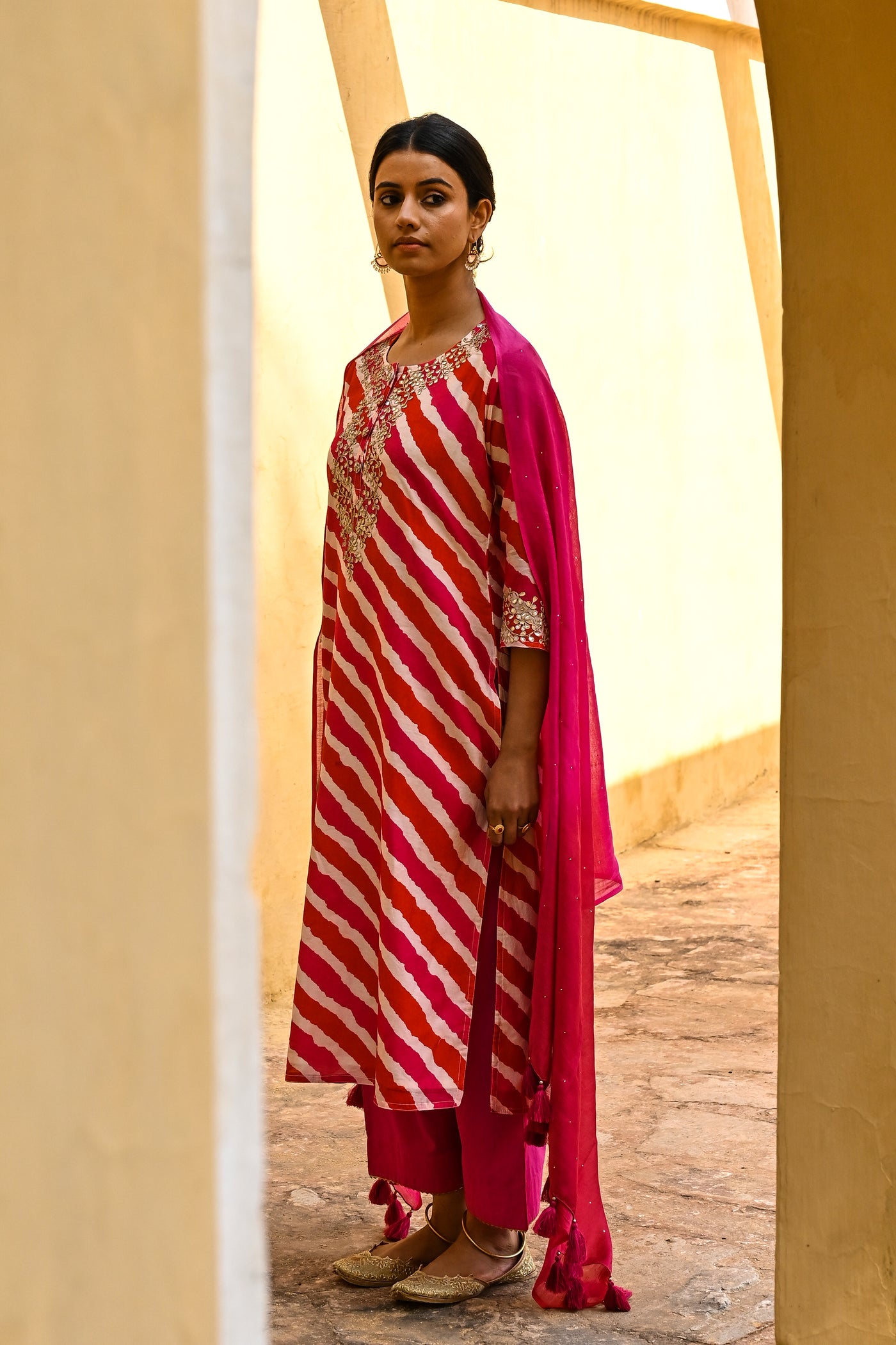 Butterfly Bush Pink Chanderi Gota Work Leheriya Suit Set