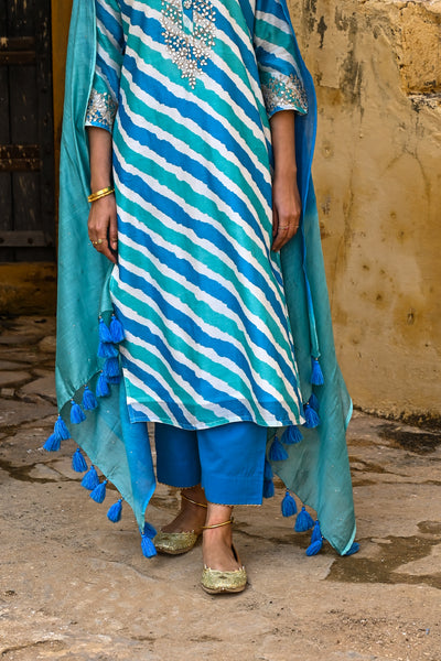 Blue Salvia Leheriya Print Gota Work Chanderi Suit Set