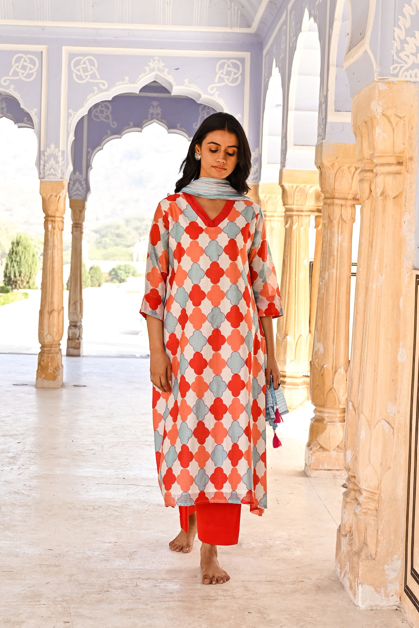 Hypnotic Red Floral Print Chanderi Suit Set