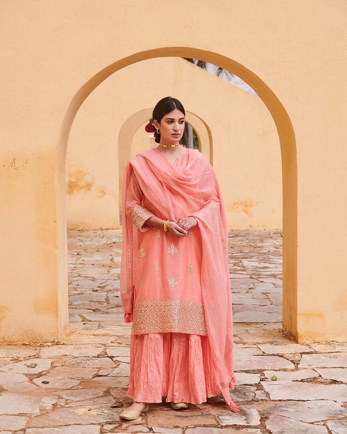 Peach & Gold Gota Work Chanderi Suit Set