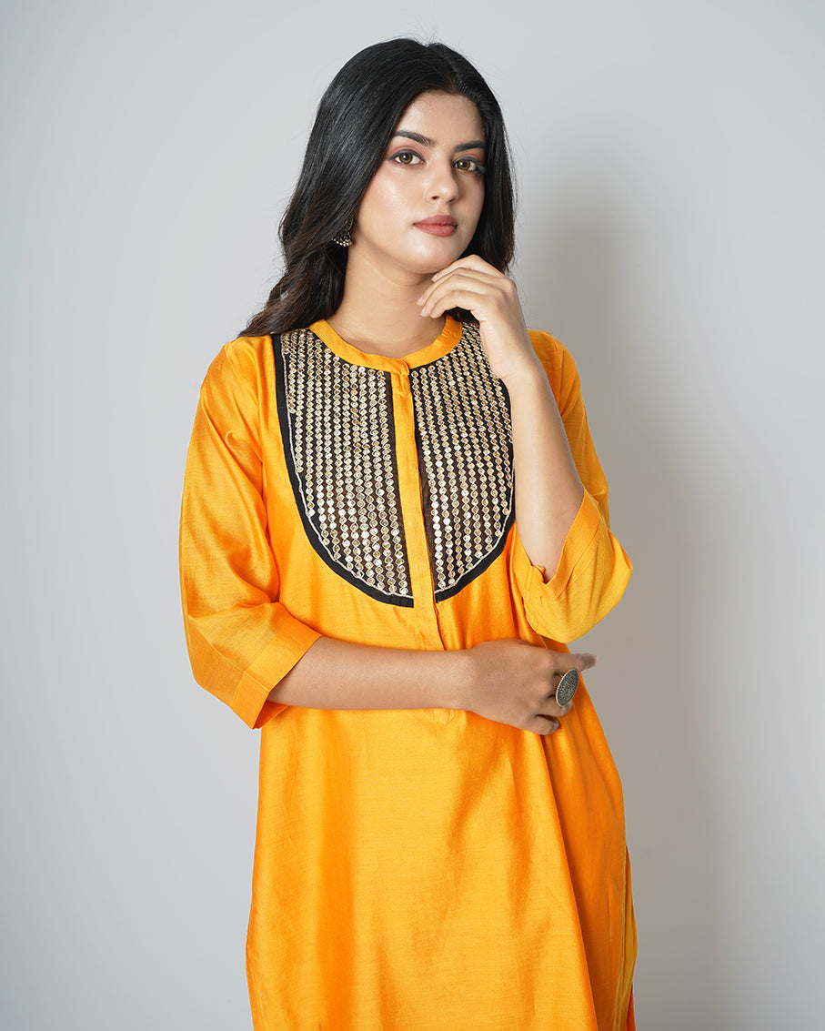 Chrome Yellow Marori Work Sequins Chanderi Kurta Set