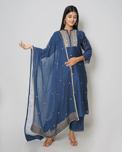 Inked Blue Marori Work Chanderi Suit Set