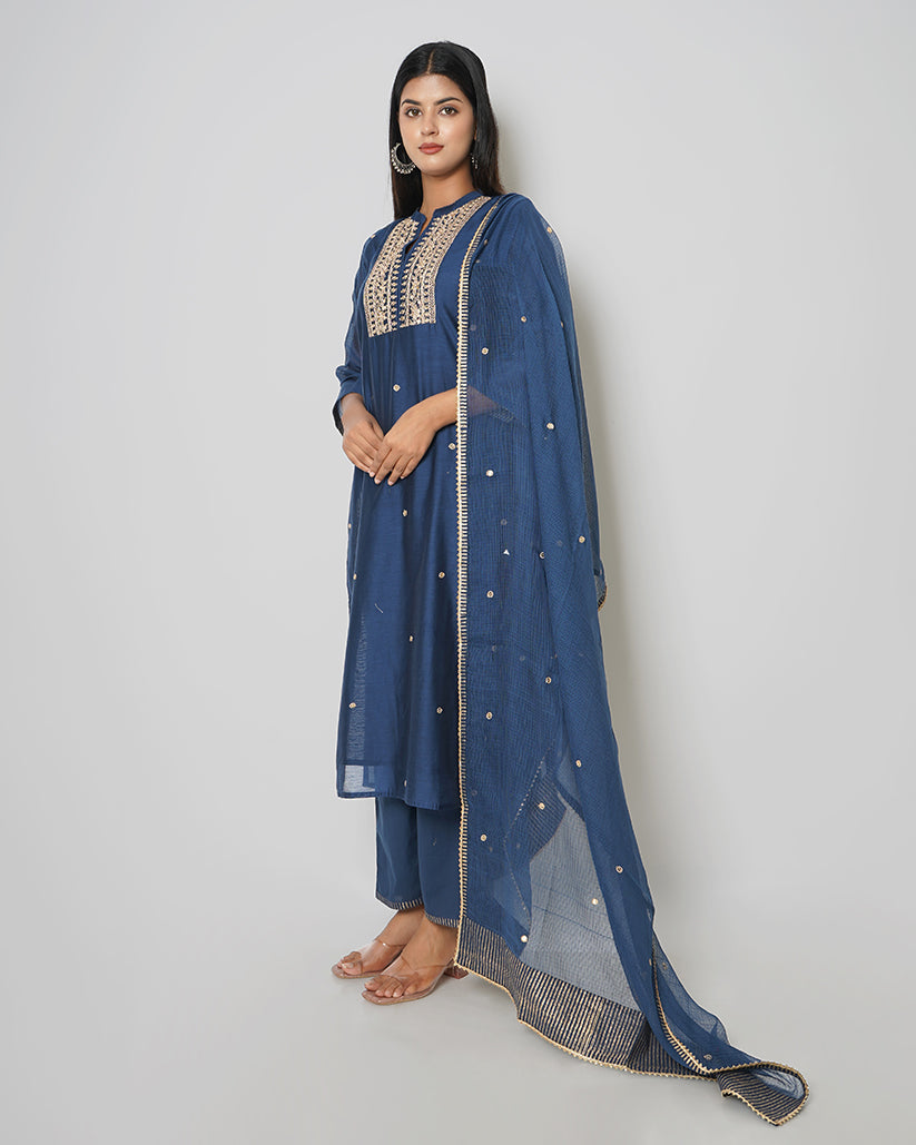 Inked Blue Marori Work Chanderi Suit Set