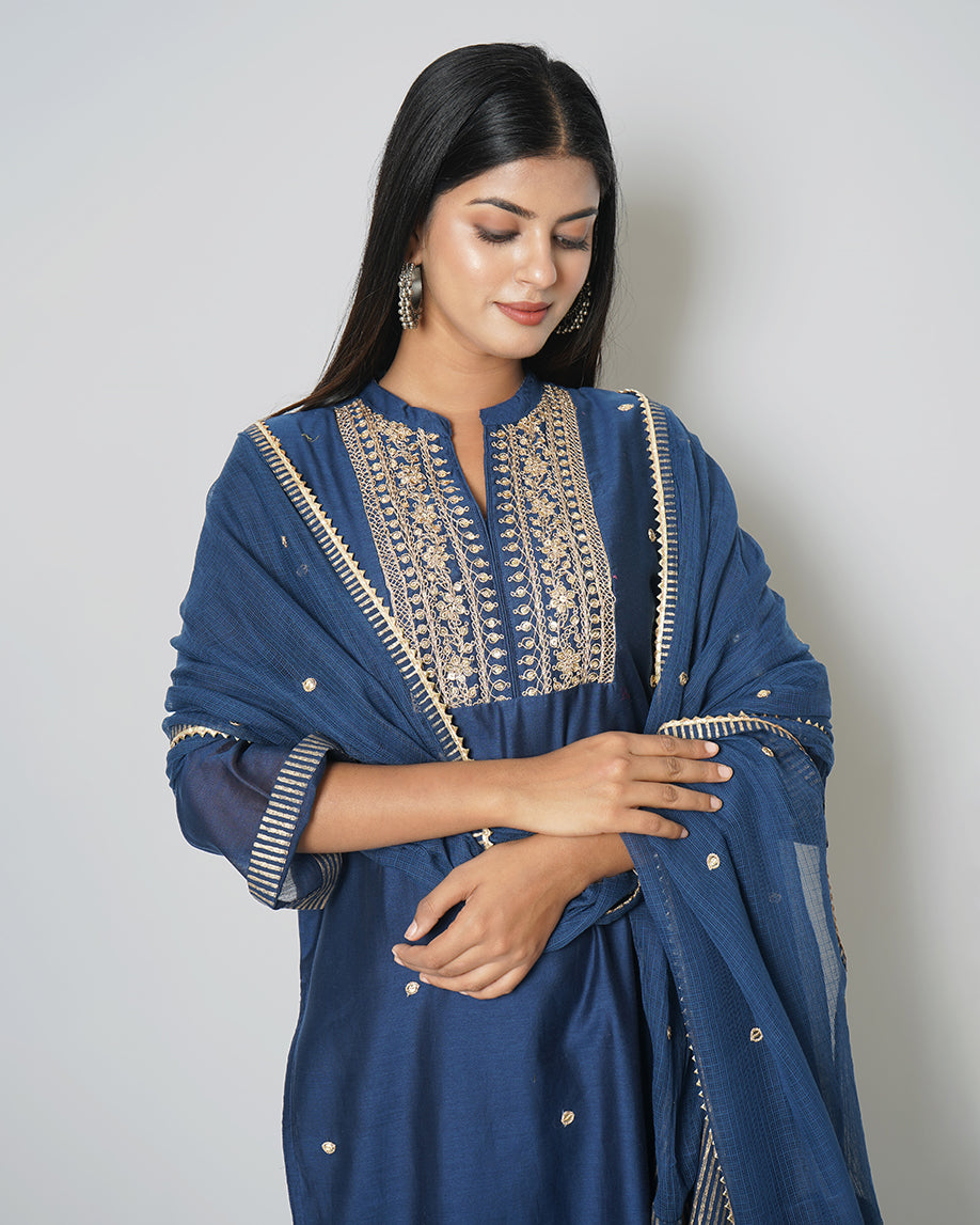 Inked Blue Marori Work Chanderi Suit Set