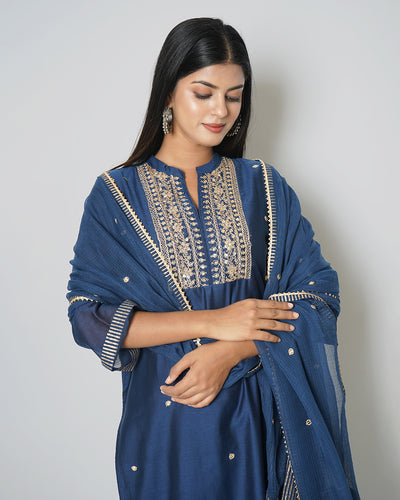 Inked Blue Marori Work Chanderi Suit Set