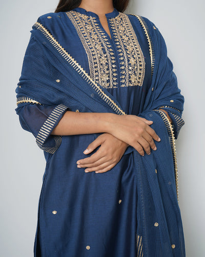 Inked Blue Marori Work Chanderi Suit Set