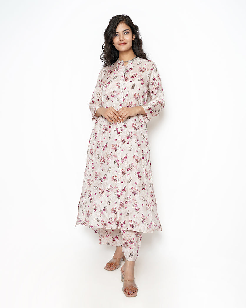 Dreamy Day Ivory Floral Print Summer Silk Kurta Set