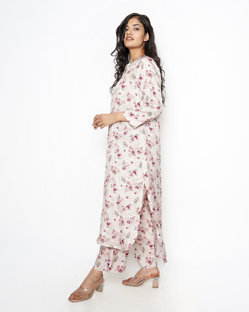 Dreamy Day Ivory Floral Print Summer Silk Kurta Set