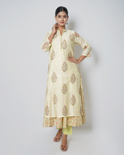 Pale Yellow Handblock Print Chanderi Double Layer Dress