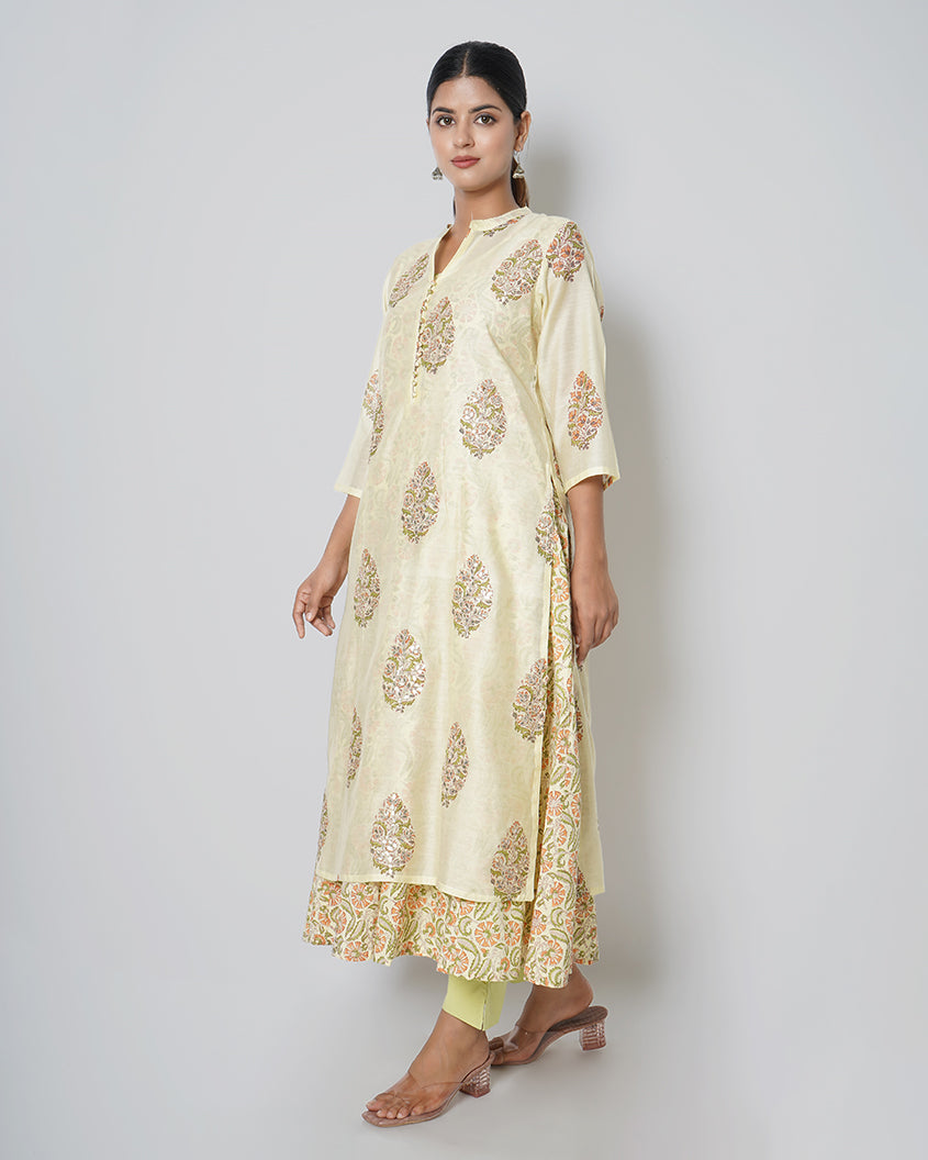 Pale Yellow Handblock Print Chanderi Double Layer Dress