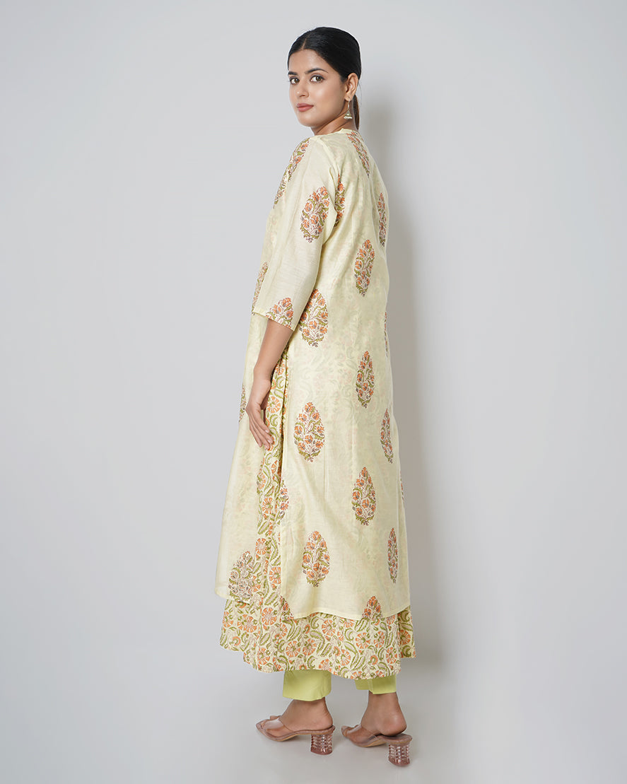 Pale Yellow Handblock Print Chanderi Double Layer Dress