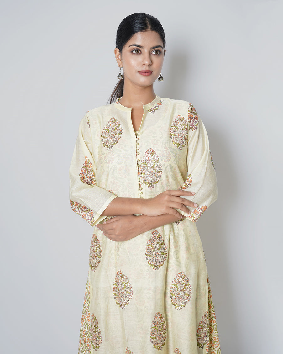 Pale Yellow Handblock Print Chanderi Double Layer Dress