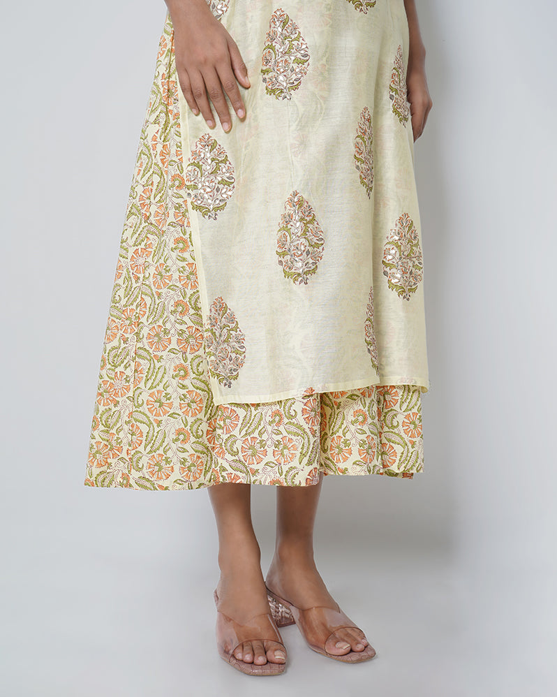 Pale Yellow Handblock Print Chanderi Double Layer Dress