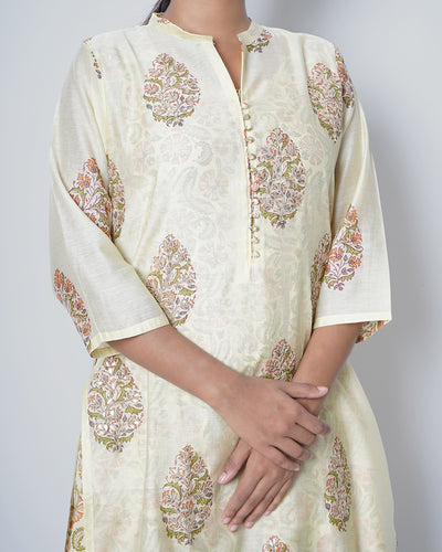 Pale Yellow Handblock Print Chanderi Double Layer Dress