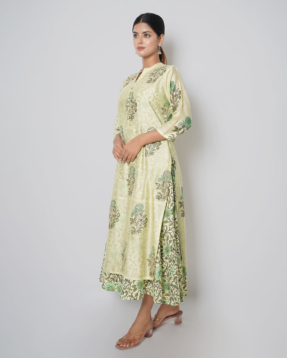 Secret Garden Handblock Print Chanderi Double Layer Dress