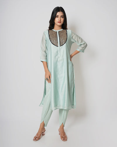 Grey Green Marori sequins work Chanderi Kurta Set