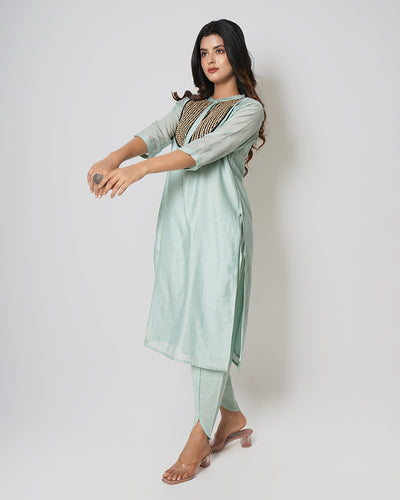 Grey Green Marori sequins work Chanderi Kurta Set