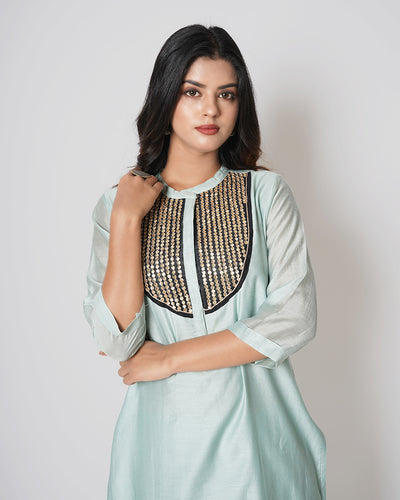 Grey Green Marori sequins work Chanderi Kurta Set