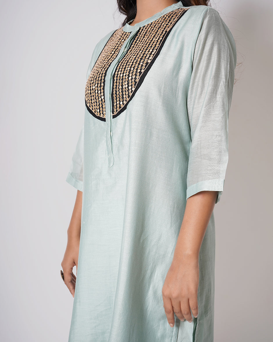 Grey Green Marori sequins work Chanderi Kurta Set