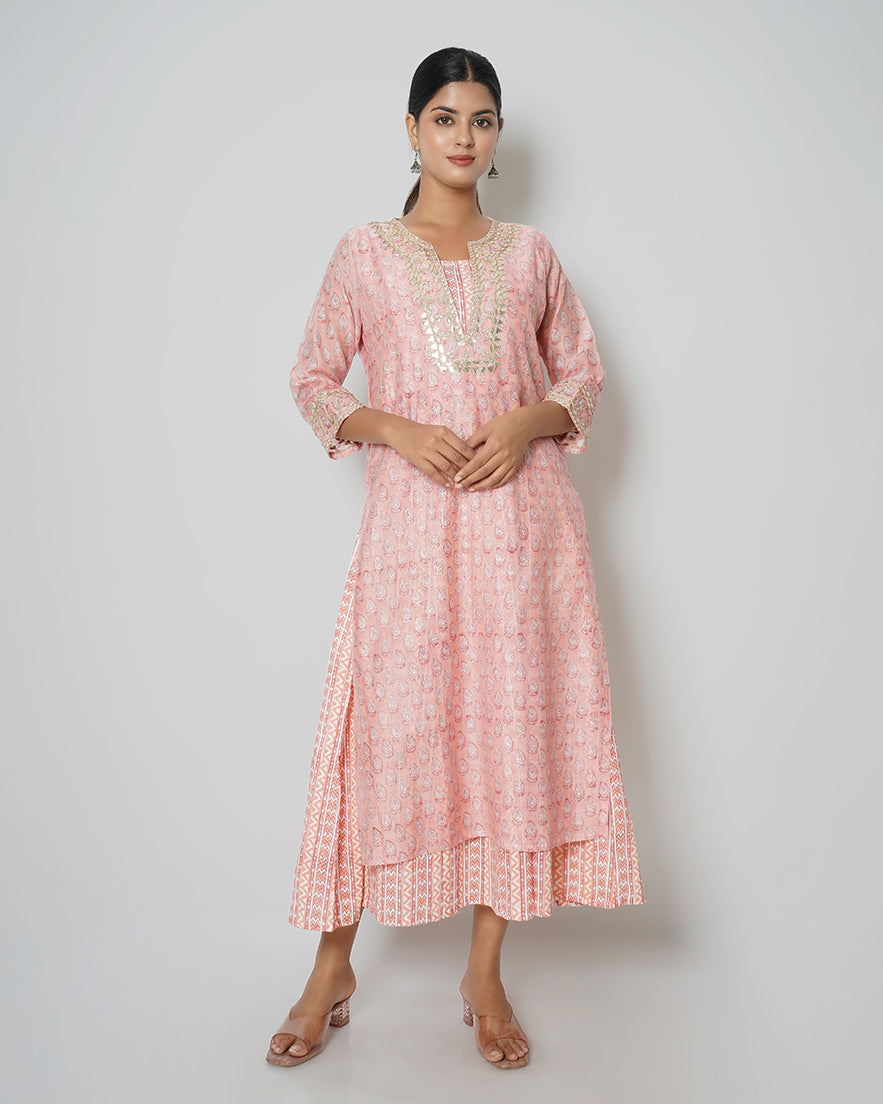 Spray Rose Printed Chanderi Gota Work Double Layer Dress