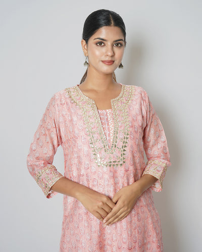 Spray Rose Printed Chanderi Gota Work Double Layer Dress