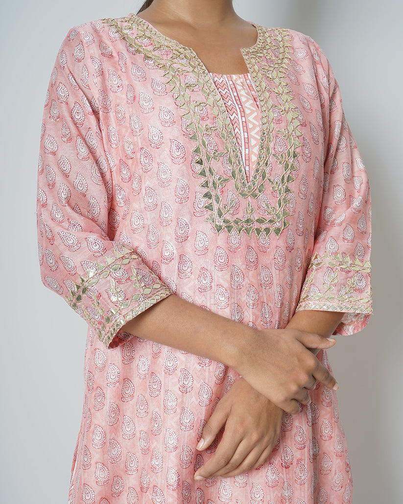 Spray Rose Printed Chanderi Gota Work Double Layer Dress