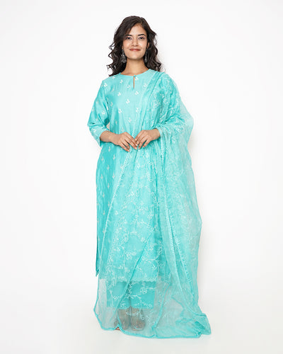 Aqua Blue Embroidered Chanderi Suit Set