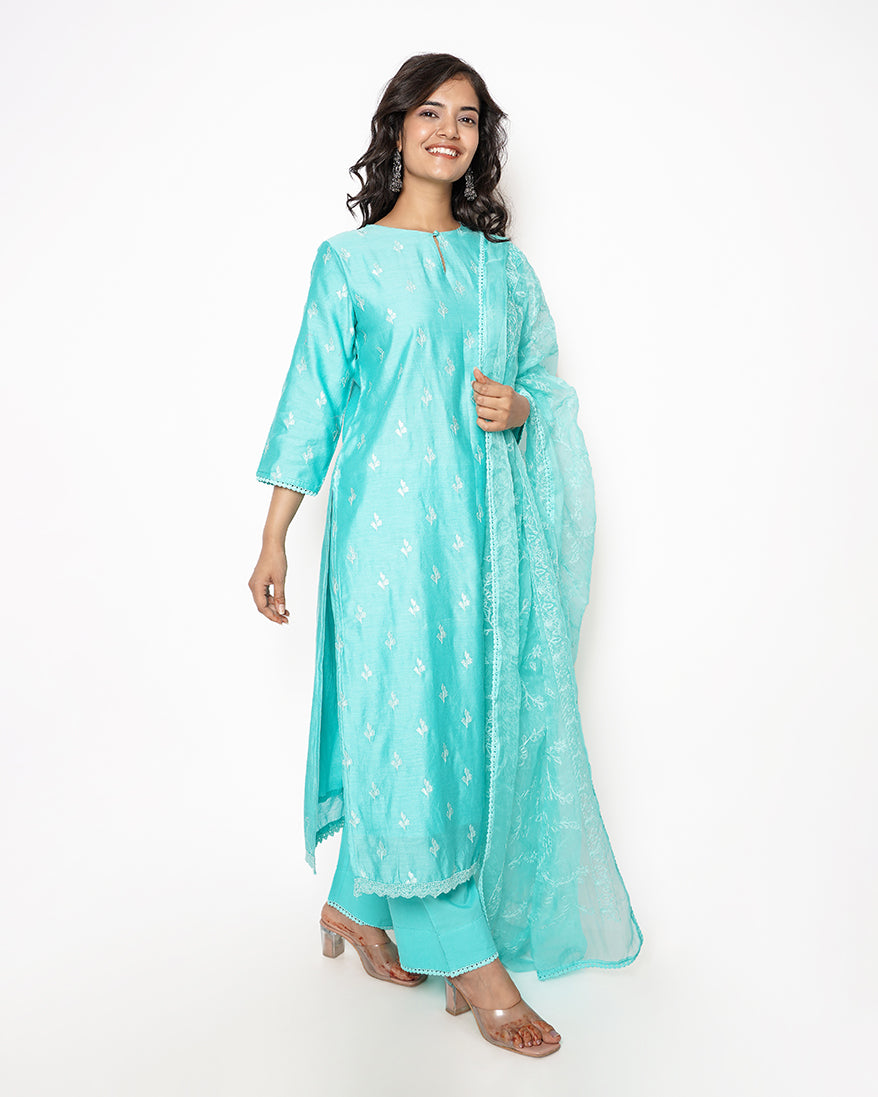 Aqua Blue Embroidered Chanderi Suit Set