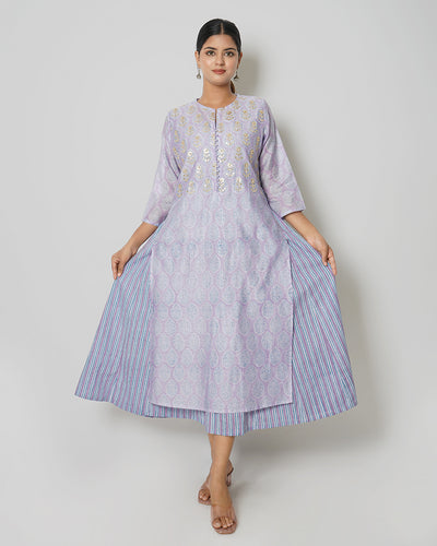 Lavender Blue Printed Chanderi Double Layer Dress